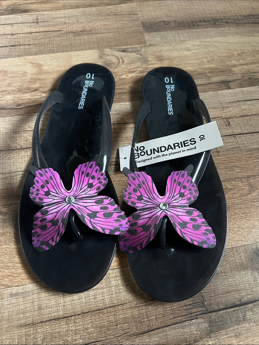 New No Boundaries Black Jelly Sandals with Pink Floral Butterfly Accent size 10